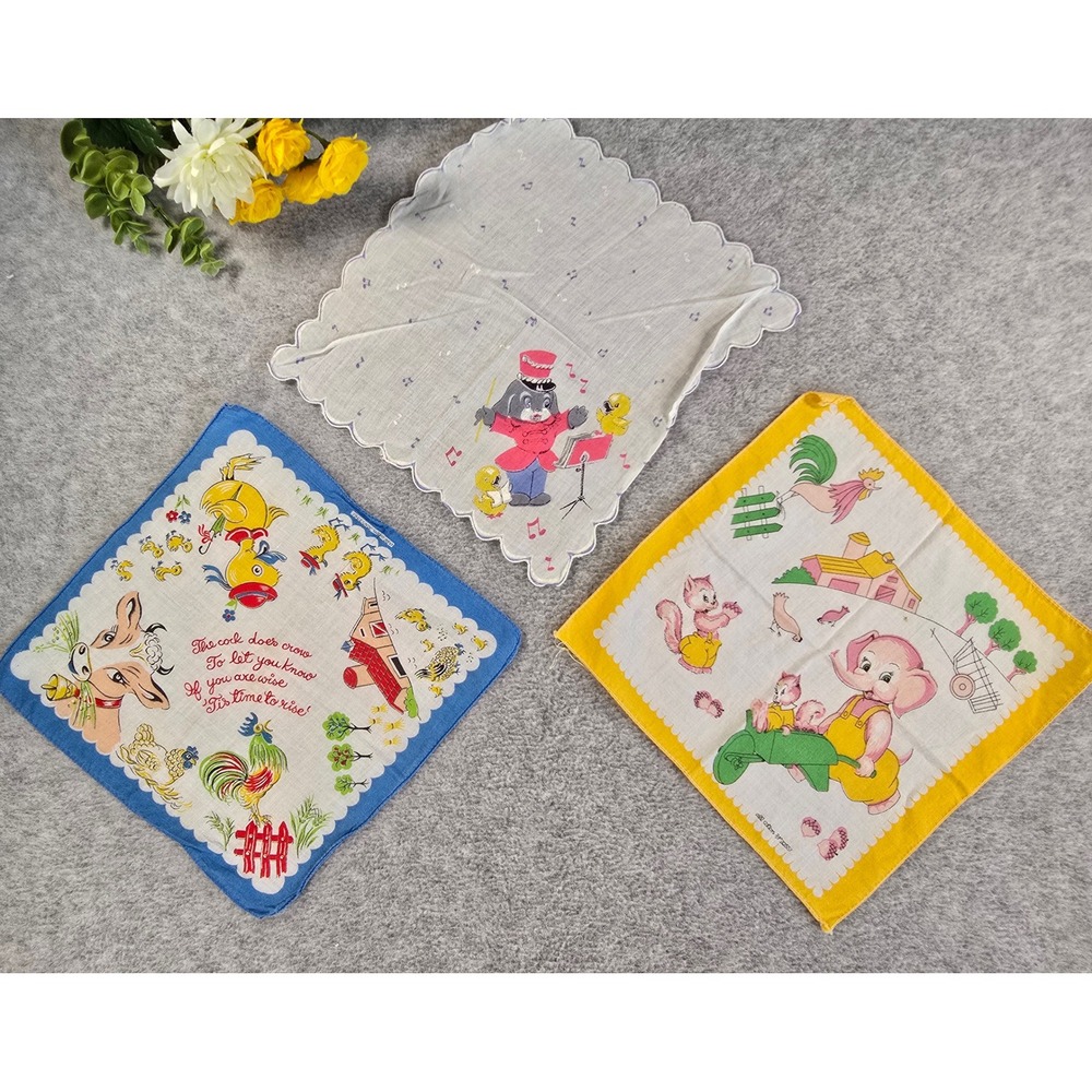 Vintage 60s Childrens Handkerchief Set Multi Color Animal Farmhouse Pastel